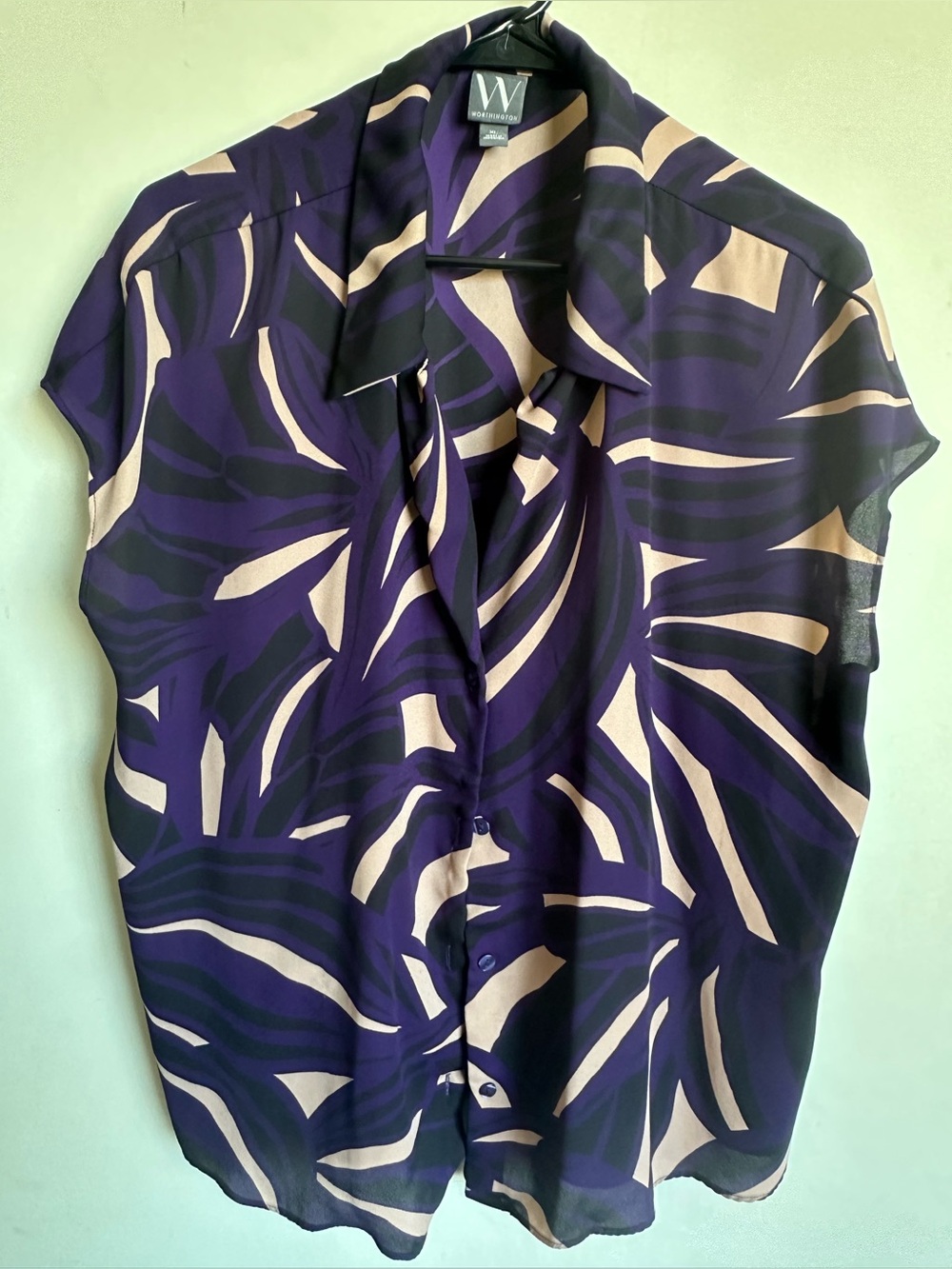 W by Worthington Purple and Cream Abstract Print Short Sleeve Blouse